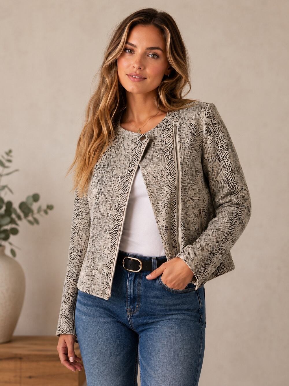 Cupcakes And Cashmere Moto Jacket Womens Small Faux Suede Snakeskin Print Zip